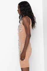 EXPENSIVE TASTE MIDI MESH DRESS WITH RHINESTONES LIGHT BROWN