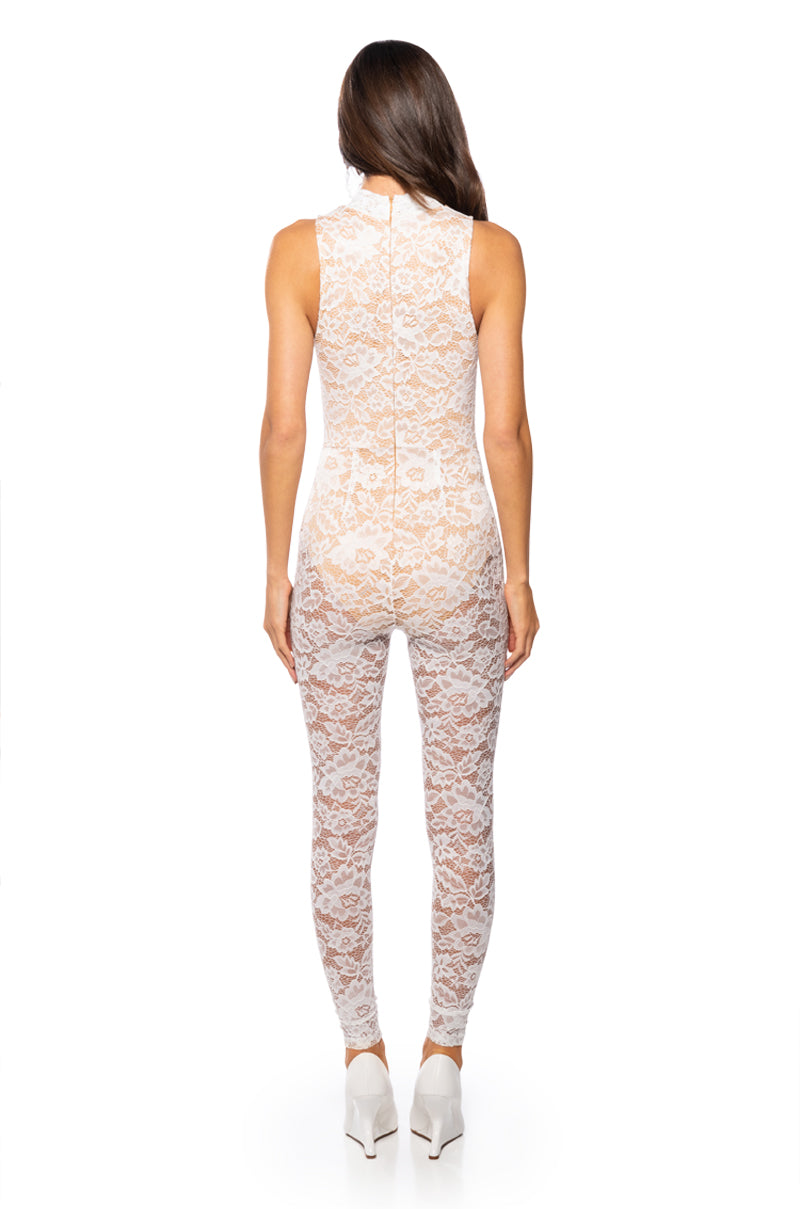 EXPRESS YOURSELF MOCK NECK LACE SLEEVELSS JUMPSUIT