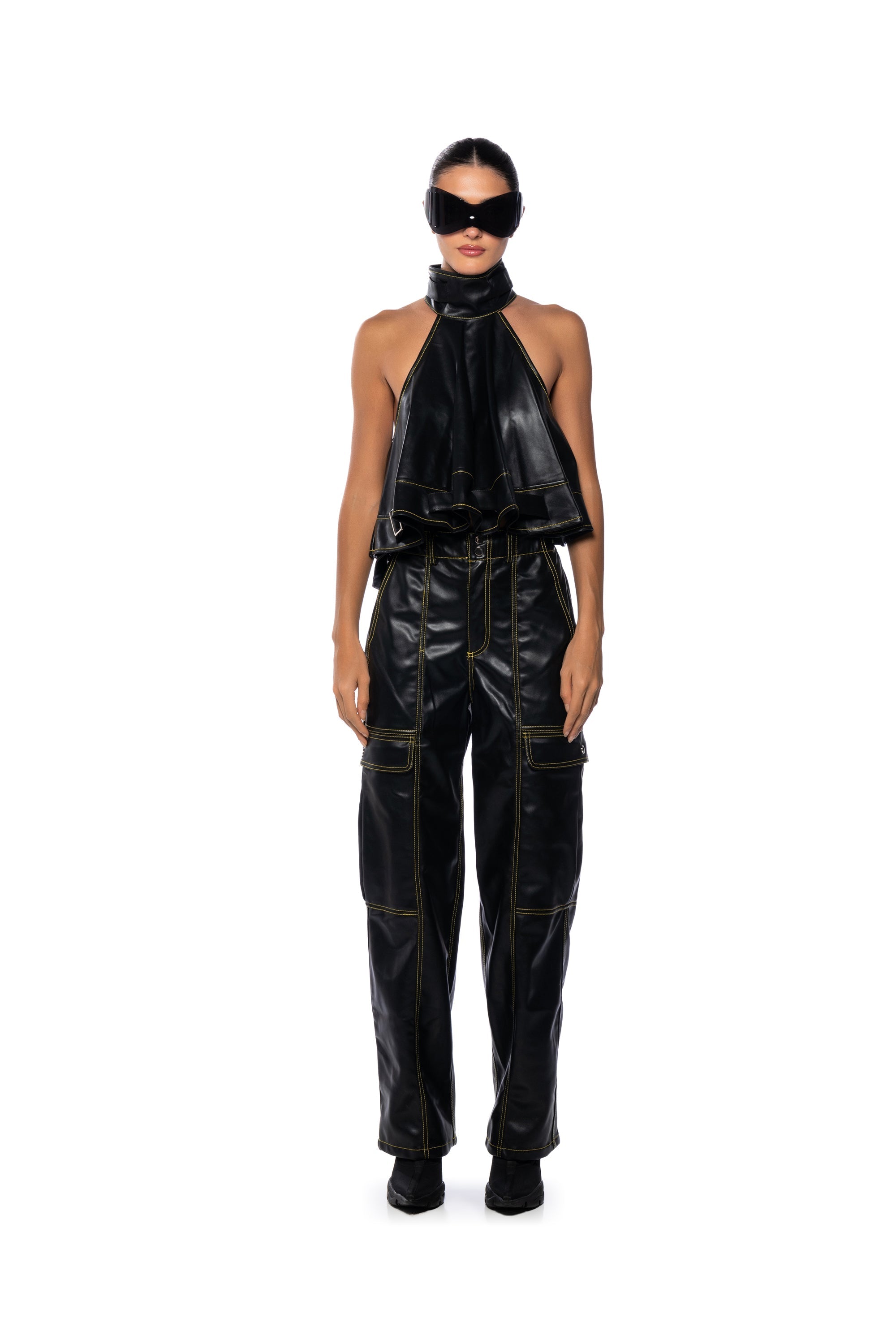 CASSIE BELTED HIGH NECK FAUX LEATHER TOP