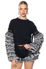 PAINT ME IN PLAID RUFFLE SLEEVE PULLOVER