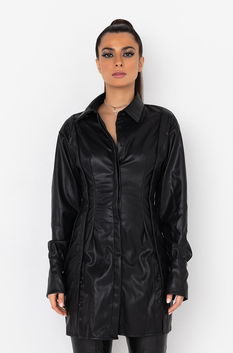 CUNTY BUTTON FRONT PU SHIRT DRESS BLACK