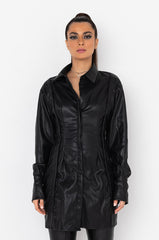 CUNTY BUTTON FRONT PU SHIRT DRESS BLACK