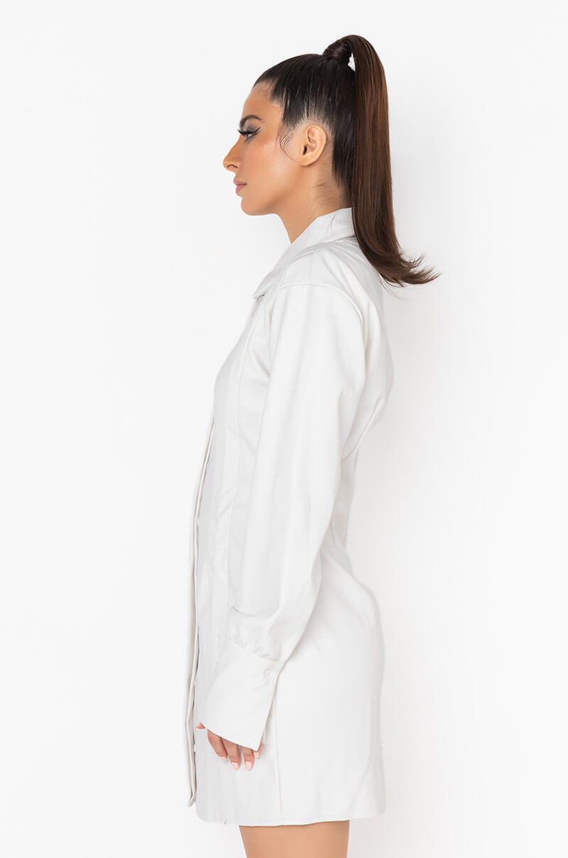 CUNTY BUTTON FRONT PU SHIRT DRESS IVORY