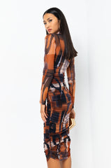 BREAK THE MOLD LONG SLEEVE RUCHED MESH MIDI DRESS rust