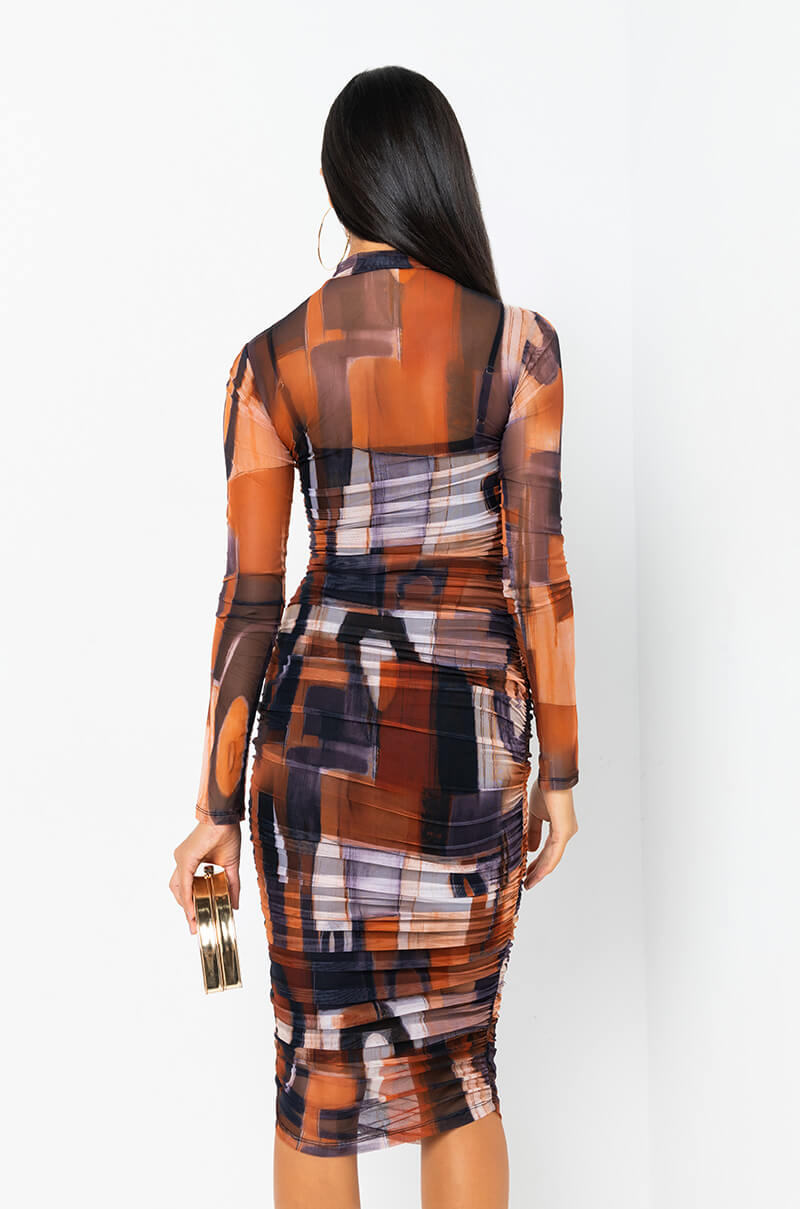 BREAK THE MOLD LONG SLEEVE RUCHED MESH MIDI DRESS rust