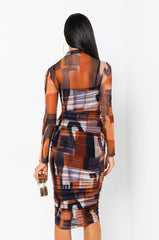 BREAK THE MOLD LONG SLEEVE RUCHED MESH MIDI DRESS rust